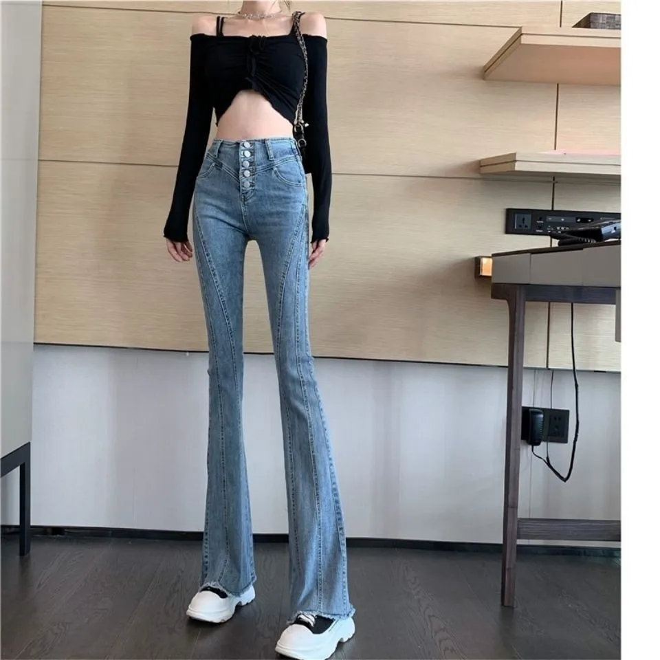 Women's Single Breasted High Waist Flare Jeans Summer Autumn Slim Long Boot Cut Denim Pants Ladies Streetwear Jeans