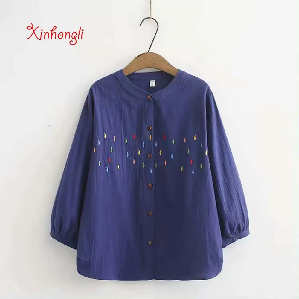 

Plus size Embroidery stand collar women loose blouse 2020 new spring autumn black button cotton casual ladies shirts female
