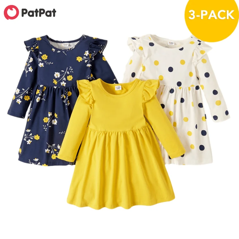 

PatPat New Arrival Autumn and Spring 3-pack Toddler Girl Floral and Polka Dots Long-sleeve Dress Set Children's Clothing