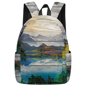 

Vintage Wood Background Sunny Day Lake Backpack Interior Key Chain Holder Luxury Backpack Arcuate Shoulder Strap