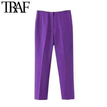 

TRAF Women Chic Fashion Office Wear Purple Pants Vintage High Waist Zipper Female Ankle Trousers Pantalones Mujer