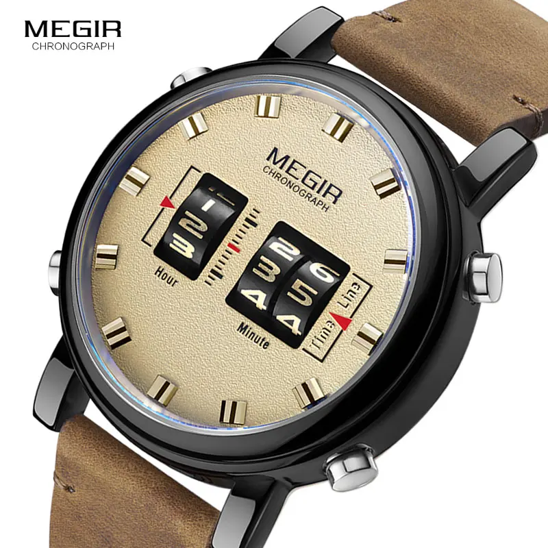Günstig MEGIR Digitale Uhr Mann Luxus Top Marke Quarz Uhren Männer Leder Relogio Masculino 2019 Neue Armee Trommel Roller Armbanduhr 2137