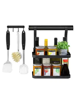 

Kitchen Storage Shelf Stainless Steel No-drilling Seasoning Organizer Double-layer Storage Hanging Rack With Hook Black
