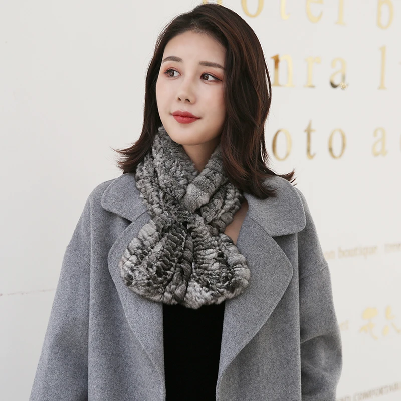 New Women's Genuine Real Chinchilla Fur Knitted Scarf Scarves Lady Wraps Scarfs Natural Color Extrmely Soft Warm