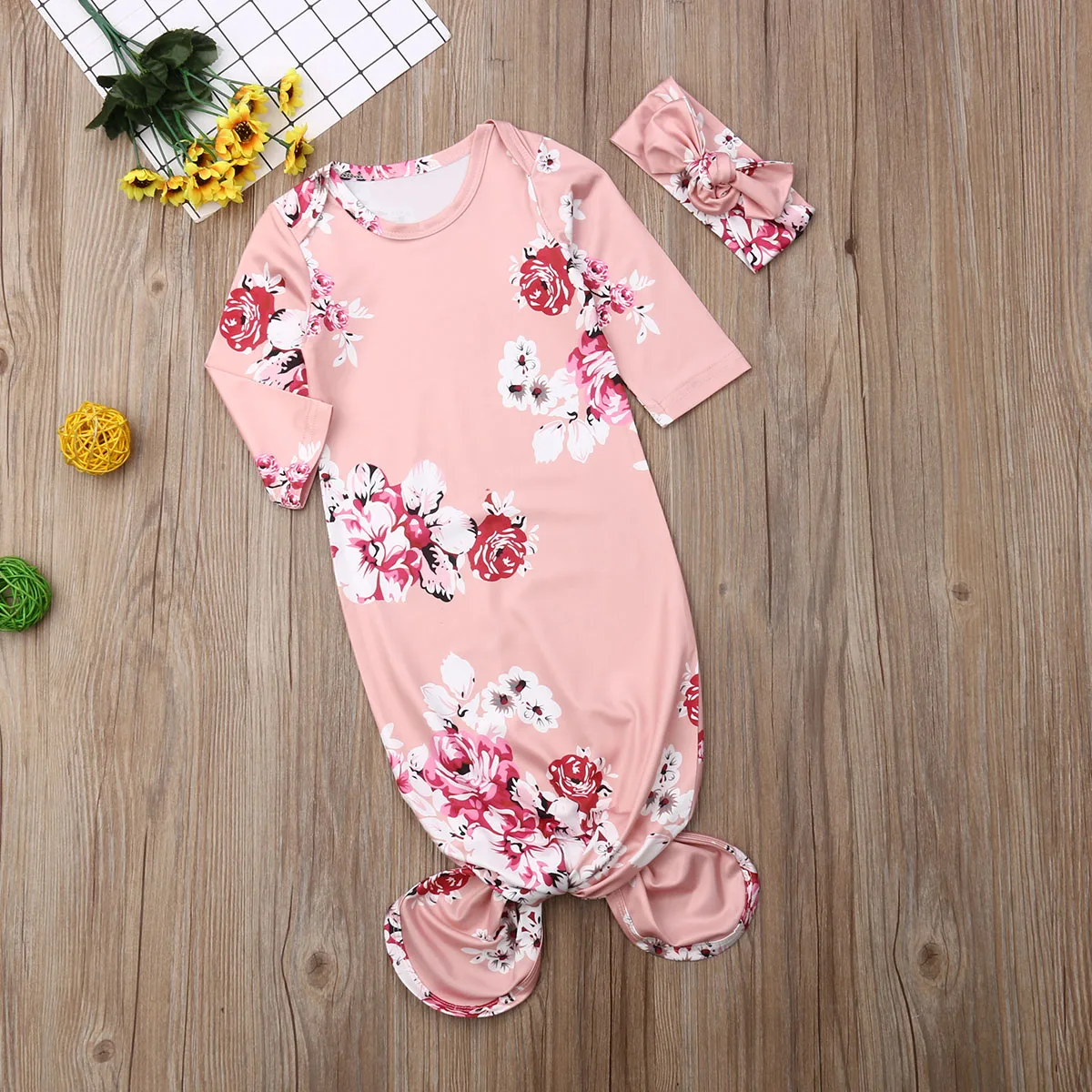 Swaddle Wrap Baby Blanket Newborn Infant Floral Sleeping bag+Hair band Romper 2Pcs Baby Bedding Accessories