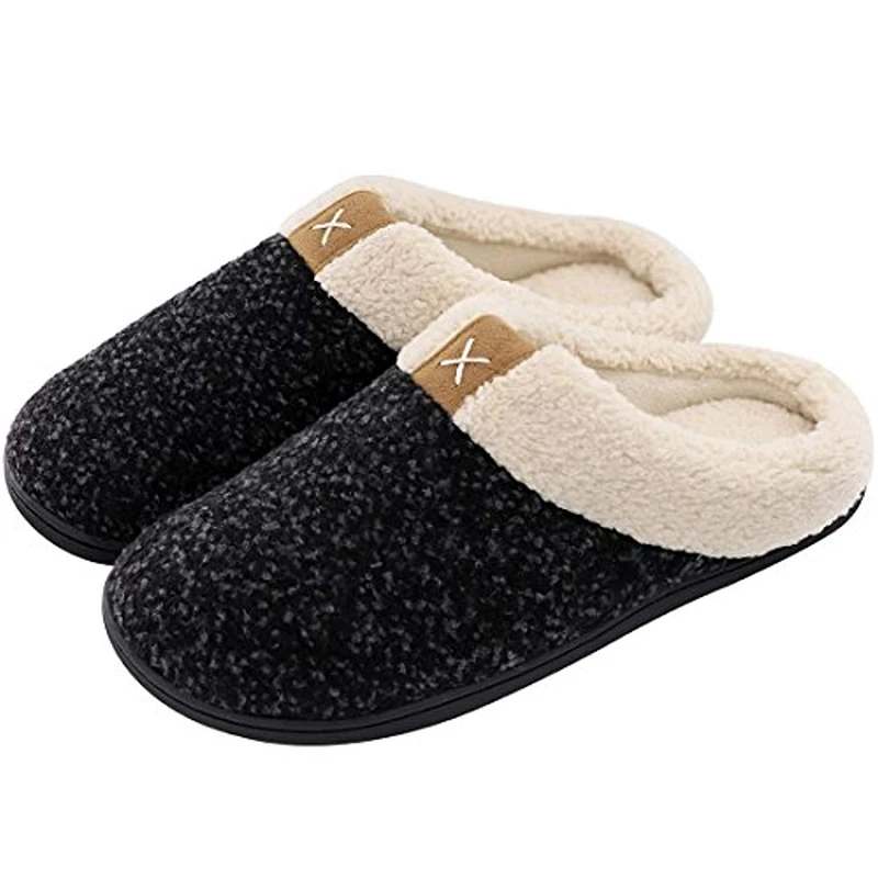 Черный Men's Cotton Slippers House Shoes Memory Foam Lining Indoor Anti-Slip Comfort Slippers Male Winter Warm Family Floor Slipper - Цвет: Черный