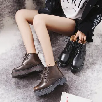 

Nice New Platform Winter Boots Women Shoes Rubber Black Motorcycle Boots Leather Lace Up Ankle Boot Ladies Warm Fur Botas Mujer