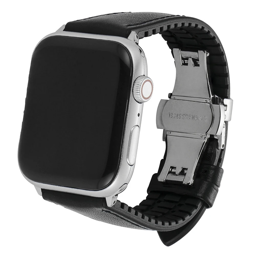 

Elastic Buckle Silicone Genuine Leather Strap for Apple Watch Band Series 5 4 3 2 1 Bracelet for iWatch 40/44/38/42mm Wrist Belt