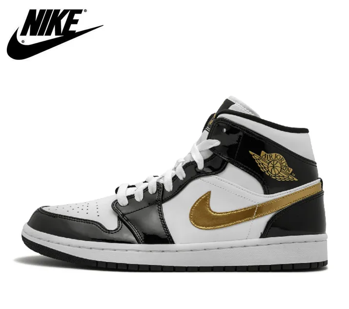 Air Jordan 1 Mid SE лакированная кожа размер 8-10 черный золотой белый 852542-007 - Цвет: 555088-403