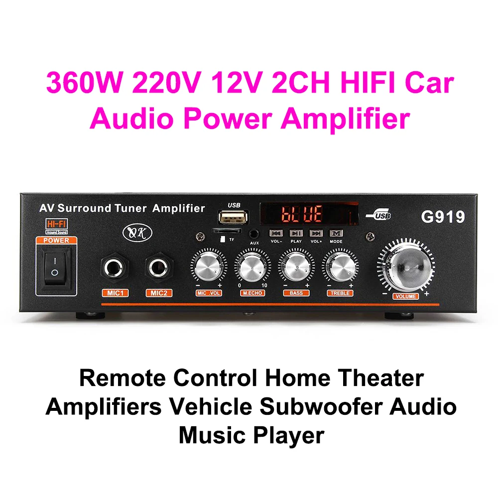 360 Вт 12 В/220 В G919 HIFI автомобильный аудио усилитель мощности домашний мини-кинотеатр усилители Bluetooth стерео аудио высокой мощности сабвуфер