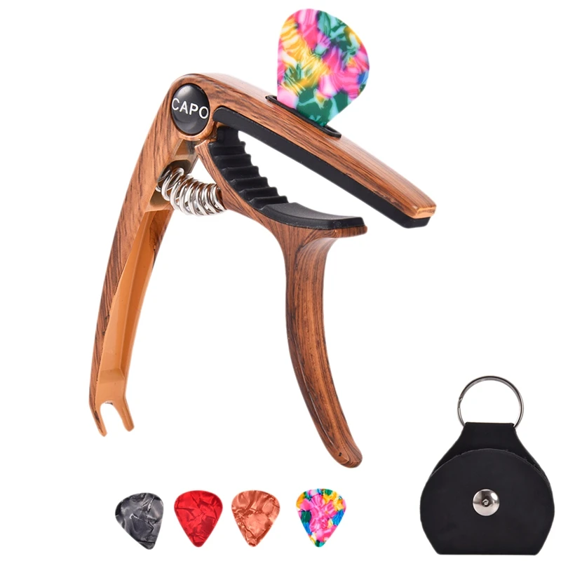 

NEW-Guitar Capo for 6/12 String Acoustic and Electric Guitars Bass Ukulele Mandolin Banjo with Picks and Picks Holder (Wood colo