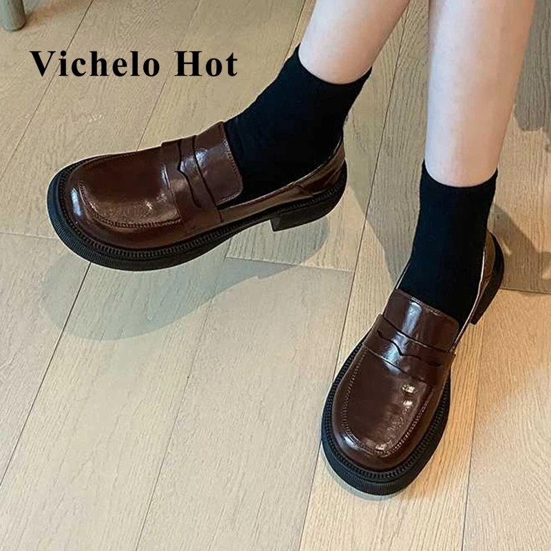 

Vichelo Hot 2022 new arrival genuine leather round toe med heel retro fashion preppy style solid slip on cozy women pumps L16