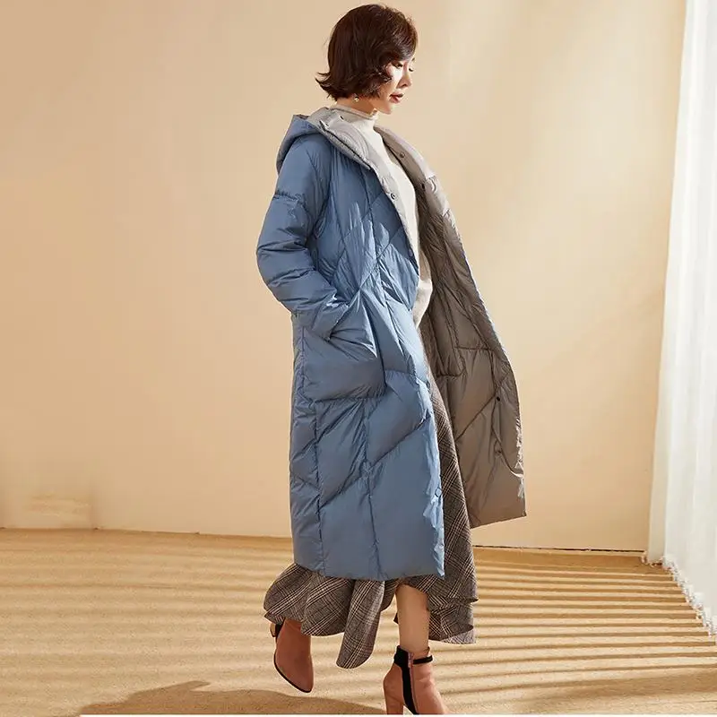 blue Новинка, женская зимняя куртка на 90% белом утином пуху, Толстая теплая длинная парка с капюшоном, свободная повседневная женская одежда, пуховики, зимняя верхняя одежда N140 - Цвет: blue