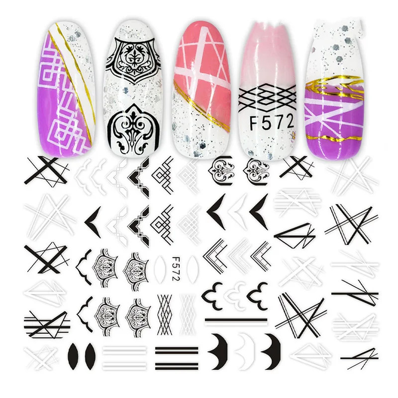 3D Nail Art Stickers Black White Geometric Patterns Irregular Line Triangle Shape Adhesive Decals Designs Nail Art Decorations