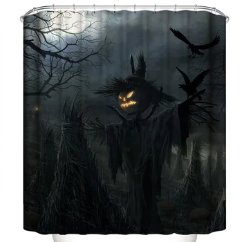 

Digital Printing Shower Curtain Halloween Pumpkin Scarecrow Bathroom Curtain Dark Style Holiday Decoration Shower Curtain