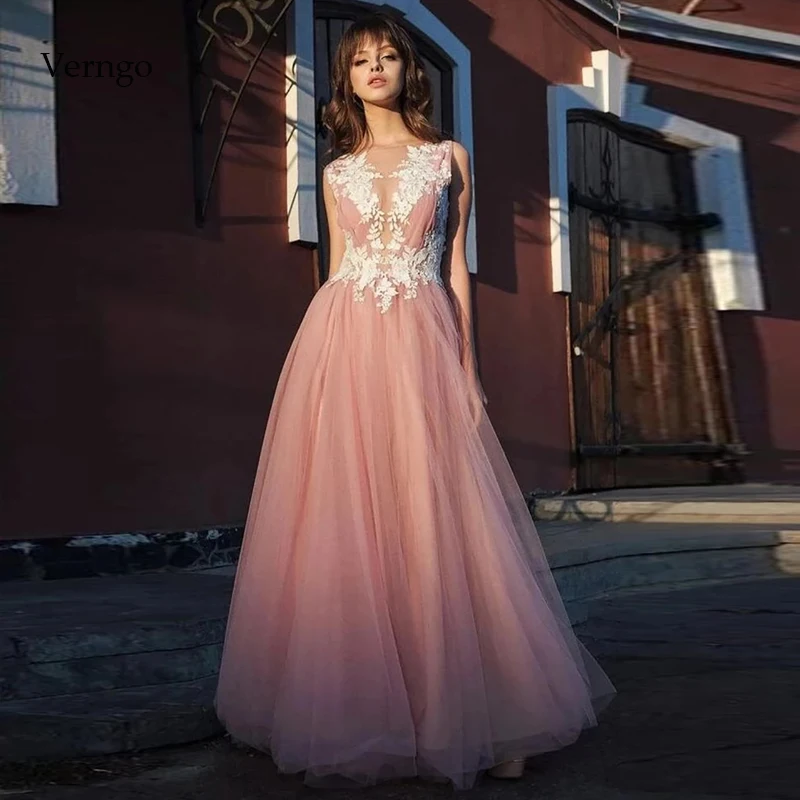 

Verngo A line Evening Dresses Long Elegant Formal Dress Pink Tulle Party Gowns Vintage Prom Dress Sukienka Wieczorowa