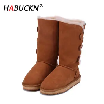 

HABUCKN Real Cowhide Suede Leather Women High Winter Snow Boots With Button Wool Linning Winter Shoes Black Brown High Quality