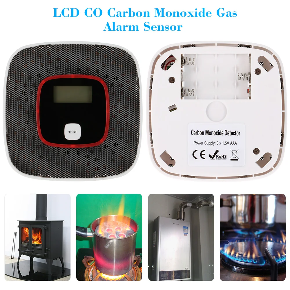 sensor de alarme de gás de monóxido de carbono co lcd envenenamento detector de fumaça testador de gás