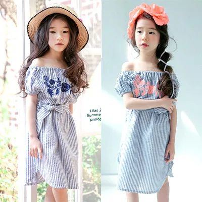 

2017 Summer Wear Girls Korean-style Stripes Embroidery Ethnic-Style Waist Hugging off-Shoulder Dress Big Boy Dress Parent And Ch