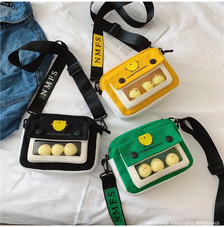 

Online Celebrity Bag Women's 2020 New Style Japanese-style Contrast Color Versatile Canvas Square Sling Bag Cartoon Crossbody Ba