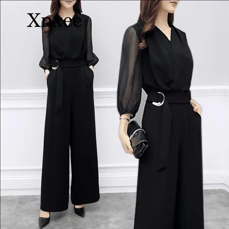 Women's Suits chiffon clothes pants 2 Two Piece Set High Waist Casual Suit Long Pants Set chiffon Jumpsuit Suits For Women 3XL autumn office women s suit collar striped jumpsuit long sleeve lace up wide leg pants professional female rompers playsuits