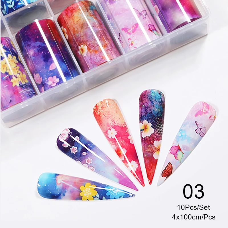 12 10 Rolls/Box Holographic Nail Foils Sticker Starry Sky Laser Foils Nail Art Transfer Sticker Paper 3D Nail Art Design - Цвет: 12