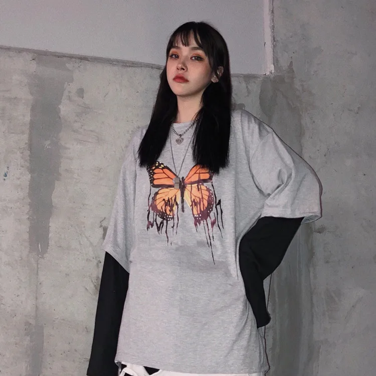 Женские футболки, топы, японские Kawaii, для девушек, Ulzzang, с принтом бабочки, футболка, женская, Корейская, Harajuku, одежда для женщин