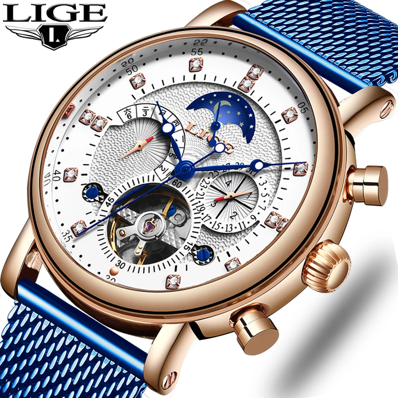 LIGE Gift Mens Watches Brand Luxury Fashion Tourbillon Automatic Mechanical Watch Men Stainless Steel watch Relogio Masculino