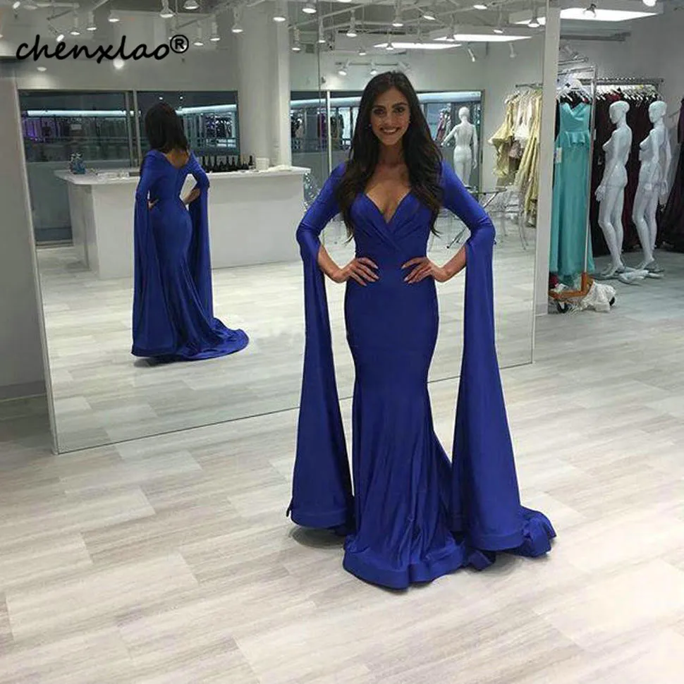 

Formal Royal Blue Roland Silk V Neck Evening Dresses Long Poet Sleeve Mermaid Evening Gown Customized Slim Fit Women Party Dress