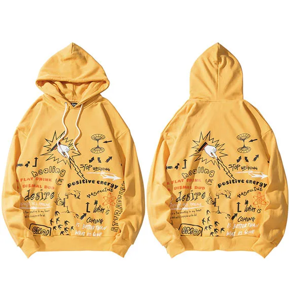 A65W023 Yellow Мужская толстовка с графическим граффити хип хоп Толстовка уличная Harajuku пуловер Толстовка хлопковая модная повседневная одежда желтый - Цвет: A65W023 Yellow