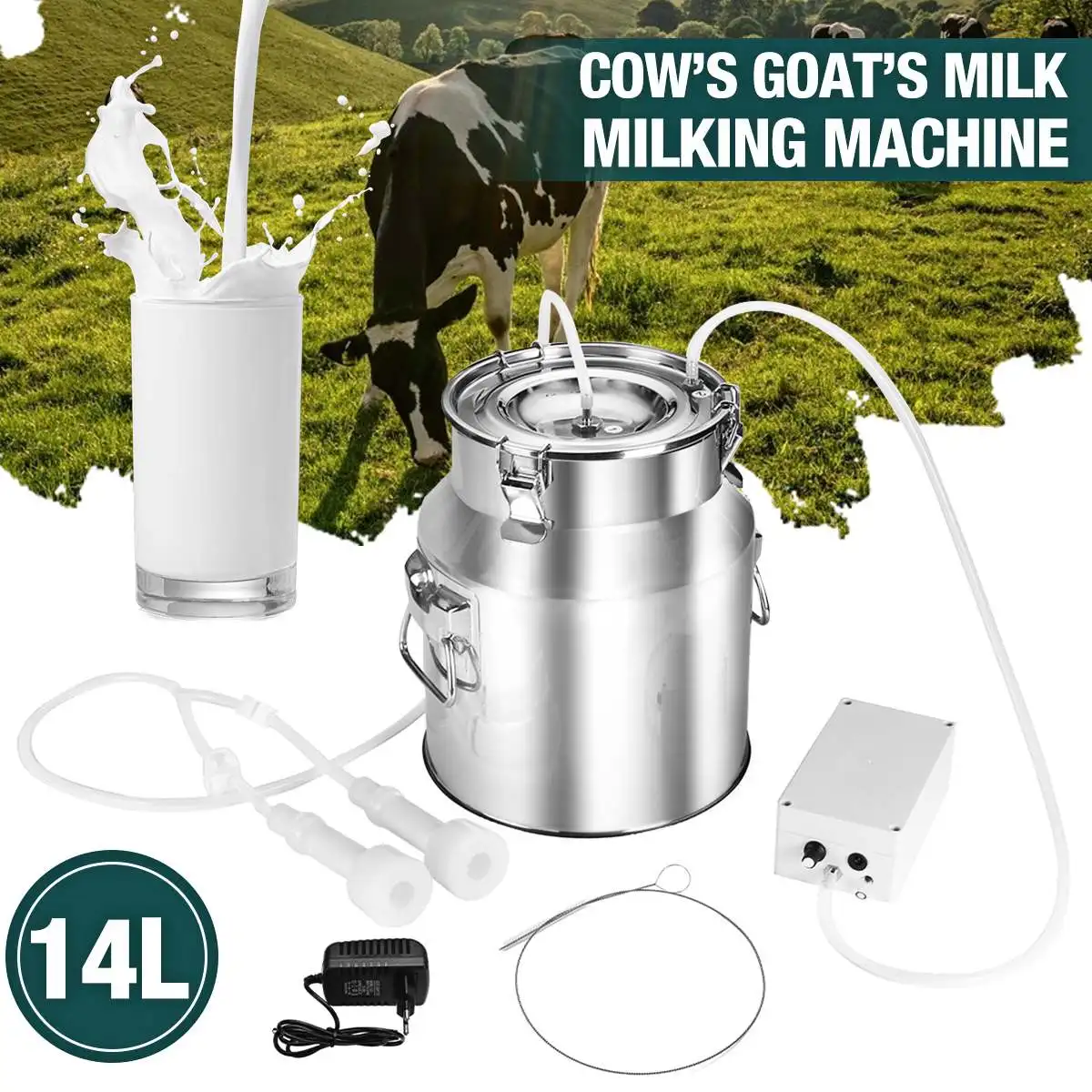 14L Electric Milking Machine Stainless Steel Milker Farm Cow Goat Vacuum Suction Pump Bucket Automatic Cattle Equipment | Дом и сад