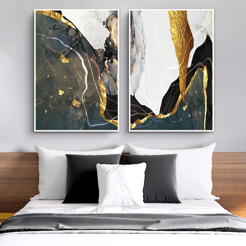 GOLD GREEN FLUID MARBLE CANVAS POSTER
