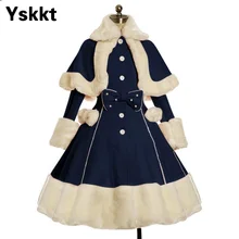 Yskkt-abrigo de Lolita con cuello de piel para mujer, Chaqueta de vestir con lazo, traje de Halloween con botones de princesa dulce, moda de otoño