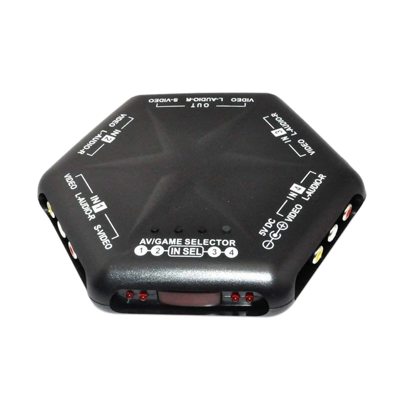 

FFYY-5 Ways 4 Port In 1 Out Video Audio S-Video Game AV Switch Box Selector With Remote Control Av-666d Black US Plug