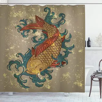 

Japanese Shower Curtain, Grunge Style Oriental Water Koi Carp Fish Aquatic Theme Distressed Pattern, Cloth Fabric Bathroom Decor