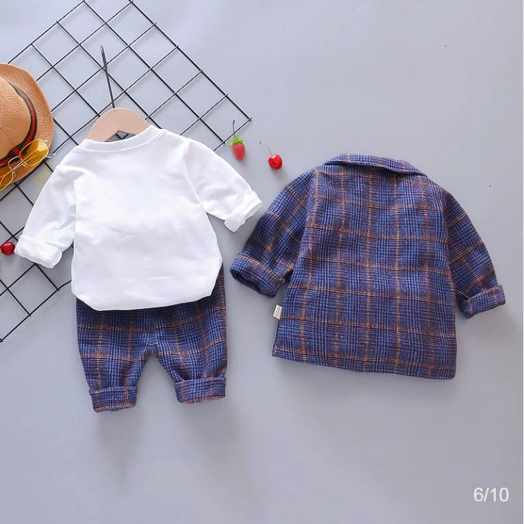 НОВЫЕ комплекты одежды для маленьких мальчиков весенне-осенняя Модная хлопковая куртка+ футболка+ штаны для малышей, торжественные праздничные костюмы из 3 предметов для маленьких мальчиков