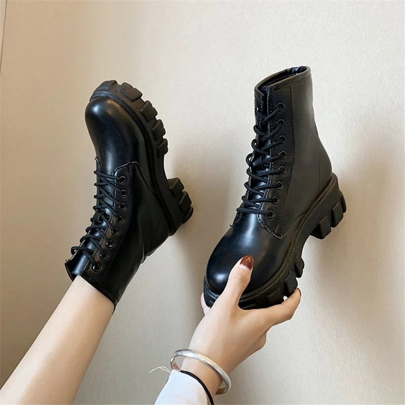 aritmética Fielmente fuego Botas de moto con plataforma y cordones para Mujer, botines Oxford de cuero  negro, invierno, 2021|Botas hasta el tobillo| - AliExpress