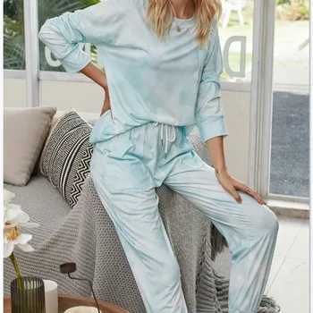 

New Womens Two Piece Set Sleepwear Fashion Crew Neck Long Sleeve Tops &Elastic Long Trousers Tie-Dye 2 Piece Sets Home Tracksuit