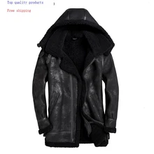Мужская куртка из натуральной кожи с капюшоном, зимняя куртка из овчины, ВИНТАЖНЫЕ пальто из натуральной шерсти, мужские кожаные куртки KJ3295