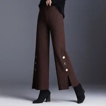 

High Waist Pants Womens Rivet Split Loose Knitted Wide Leg Pants 2020 Autumn Winter Stretch Korean Solid Trousers