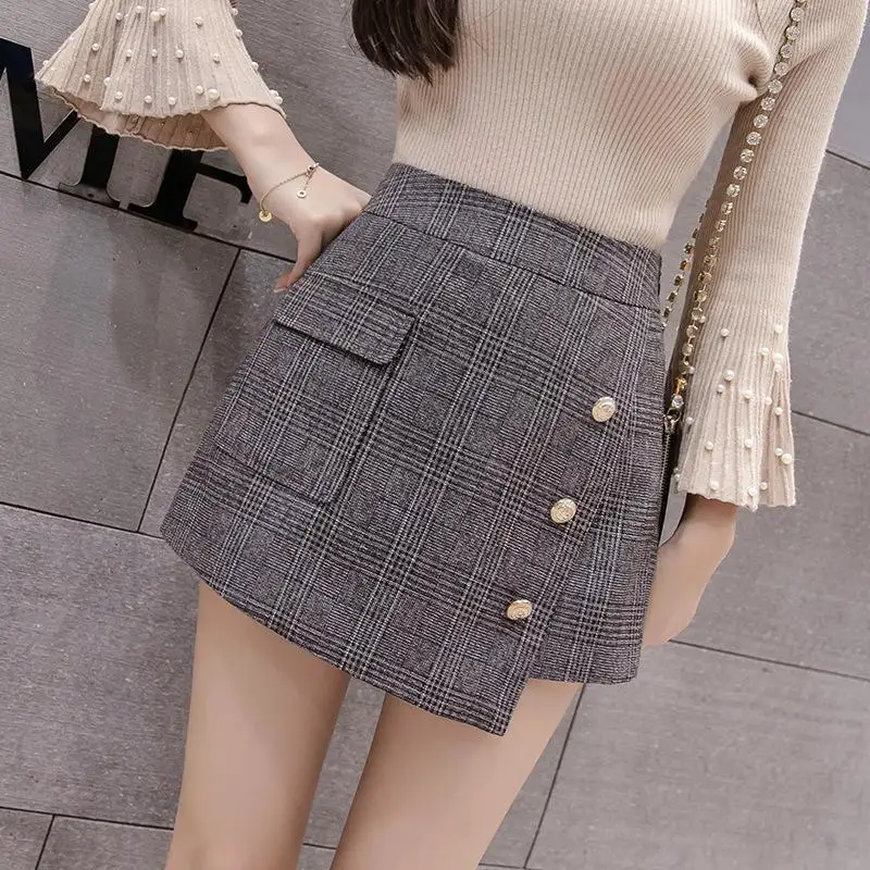 Autumn Pocket Wool Warm Winter Shorts Women Slim Fashion Button Plaid Skirt For Women Retro Women Plus Size Mini Skirts - Цвет: Gray Plaid