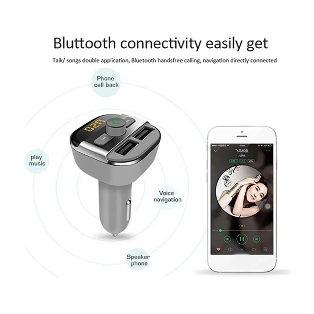 Автомобильное зарядное устройство с двумя usb-портами, Bluetooth, fm-передатчик, громкая связь, вызов, mp3-плеер
