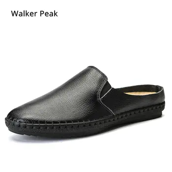 

Black Mules Genuine Leather Men Slippers Smoking Slip-On Flats Leather Handmade Shoes Casual fashion Big size Brand Walker Peak