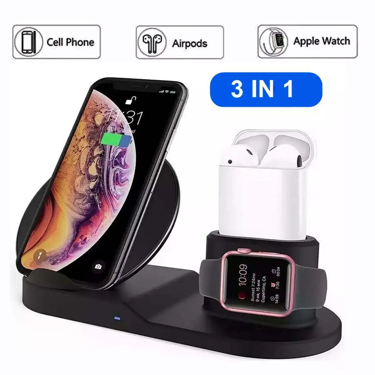3 in 1 Qi Wireless Charging Induction Charger Stand for iPhone X XS Max for Airpod for Apple Watch Docking Dock Station