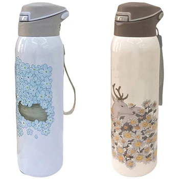 

NEW-2x 350Ml Double Wall Water Bottle with Straw 304 Stainless Steel Vacuum Flask Mug Bottle Insulated Cup-Beige & Blue
