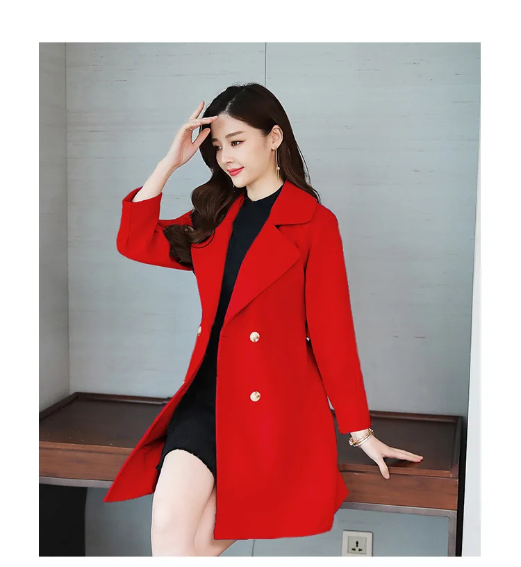 Осень и зима стиль корейский стиль шерстяная куртка средней длины приталенное шерстяное пальто