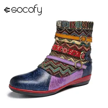 

SOCOFY Multicolored Straps Boots Soft Genuine Leather Stitching Flat Ankle Boots Elegant Ladies Shoes Women Botines Mujer 2020