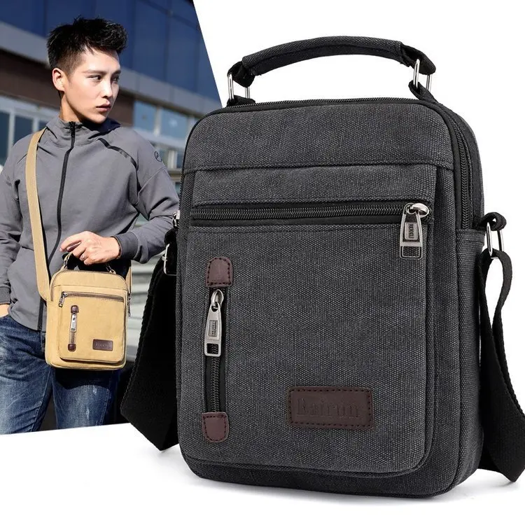 

8066 # Hot Sales Men's Canvas Bag Versitile Fashion Locomotive Solid Color Briefcase Logo