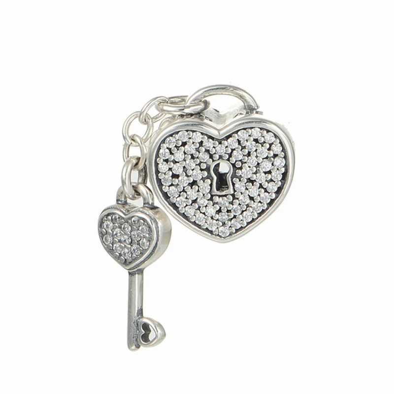 Clear CZ Heart Lock &amp Love Key Silver Beads for Charms Bracelets Valentine Day 925 For Jewelry Making Pave Stone | Украшения и
