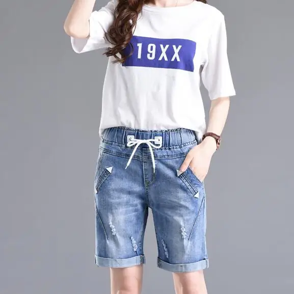 Плюс размер 4XL 5XL летние джинсы короткие брюки женские Капри со шнуровкой женские широкие джинсы шаровары DF192